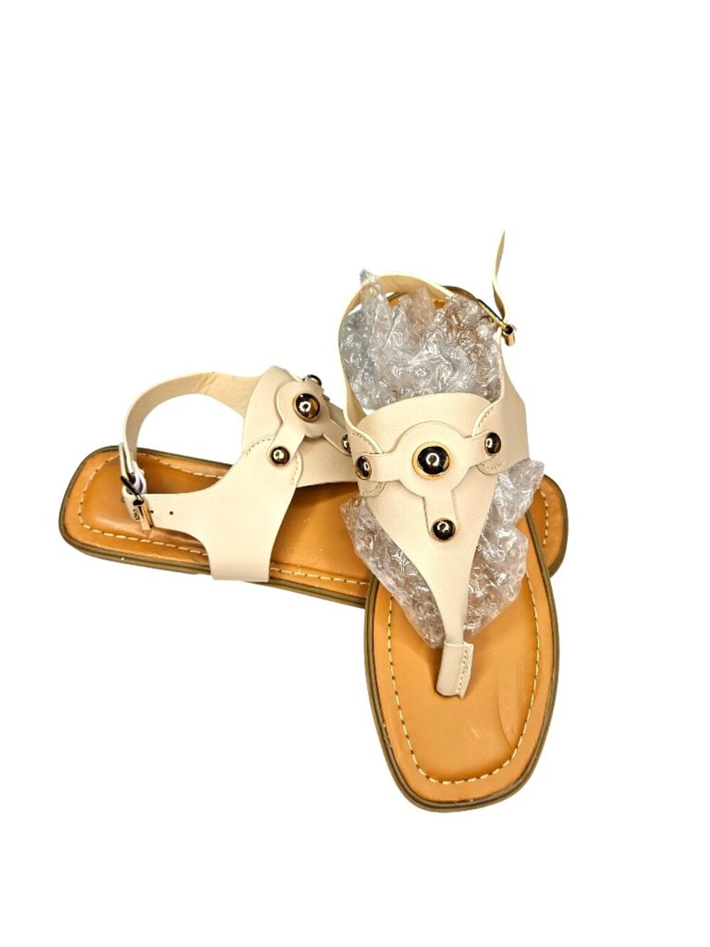 Pierre Dumas Womens Beige Leather Sandals With Gold Stud Accents & Adjustable St